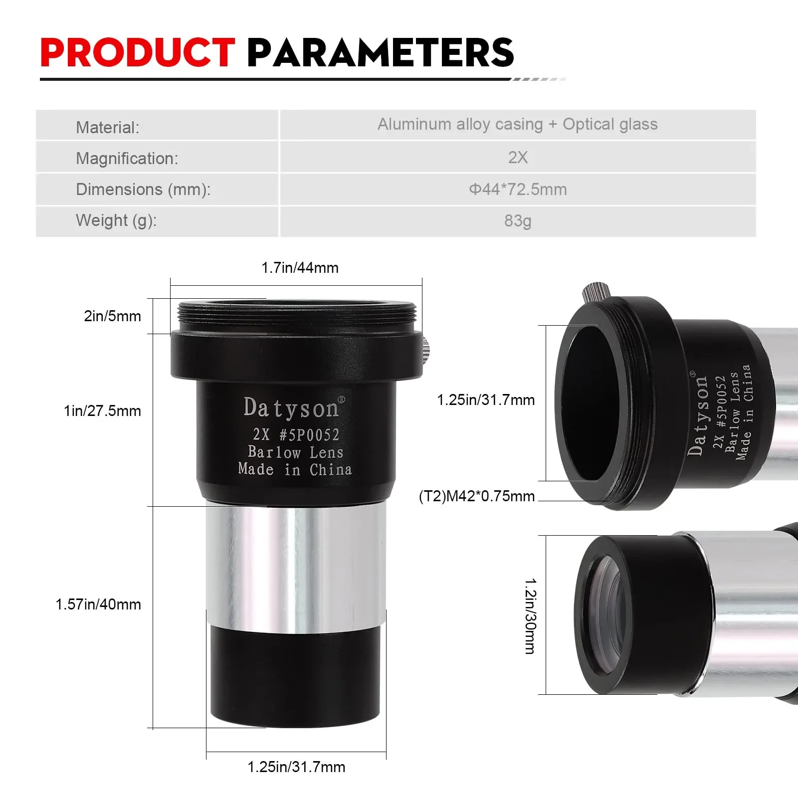 Datyson 2X Barlow Lens 1.25 Inch Fully Multi Coated Optical Accessory For Standard 31.7mm Astronomy Telescope Eyepiece