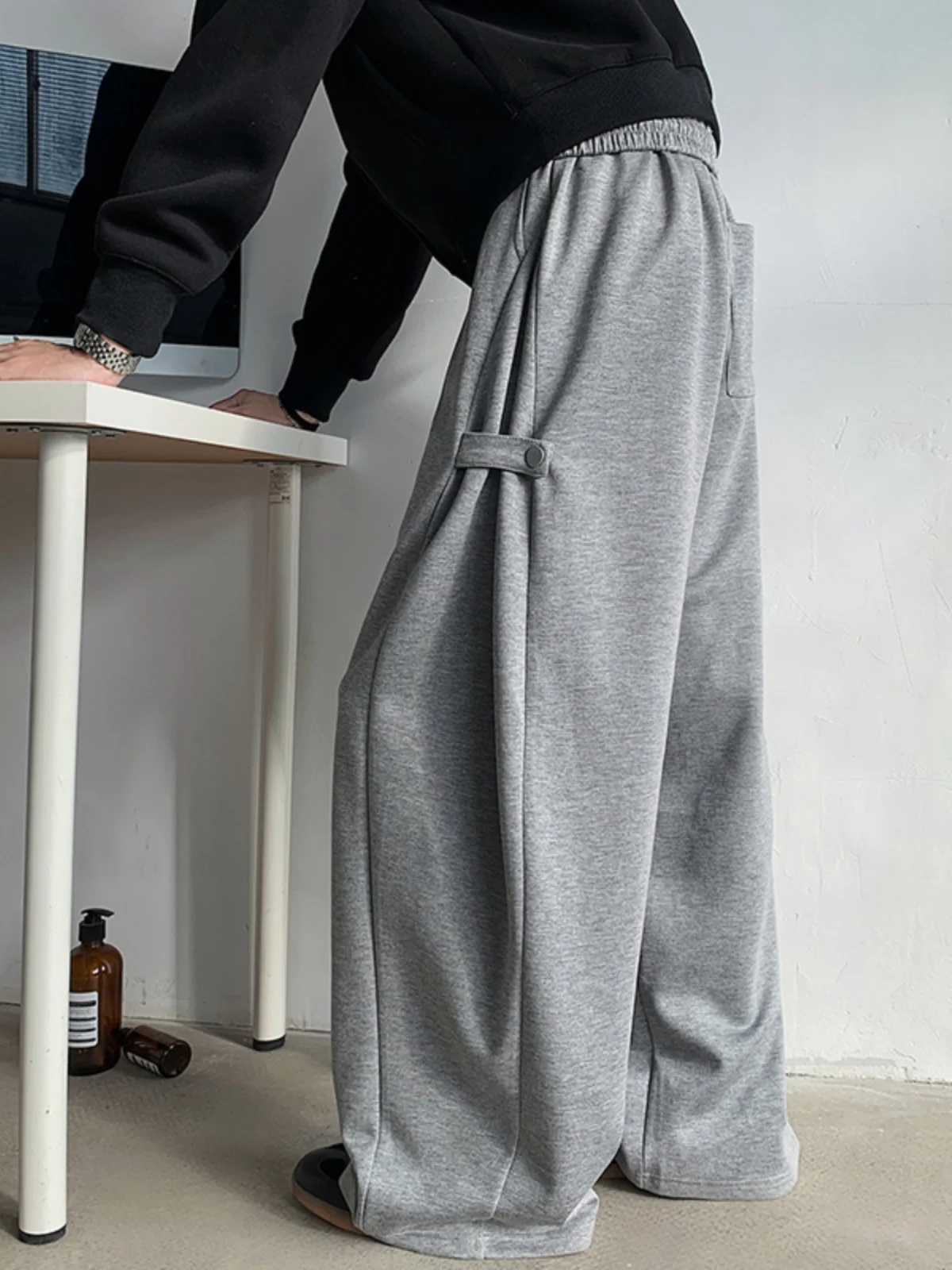 Grey Deconstructed Sporty Wide Leg Sweatpants Loose Fit American Street Style Autumn Winter Heavy Duty Casual Long Trousers