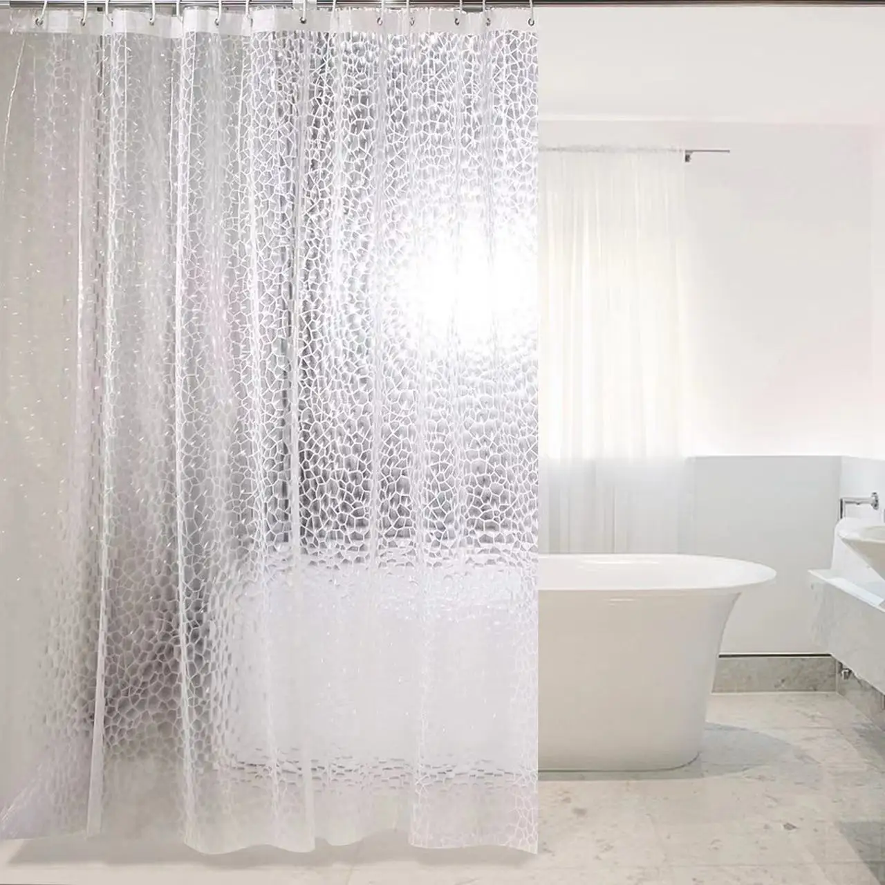 3D textured shower curtain made of crystal clear PEVA material - cracked glass texture with waterproof and privacy gradient