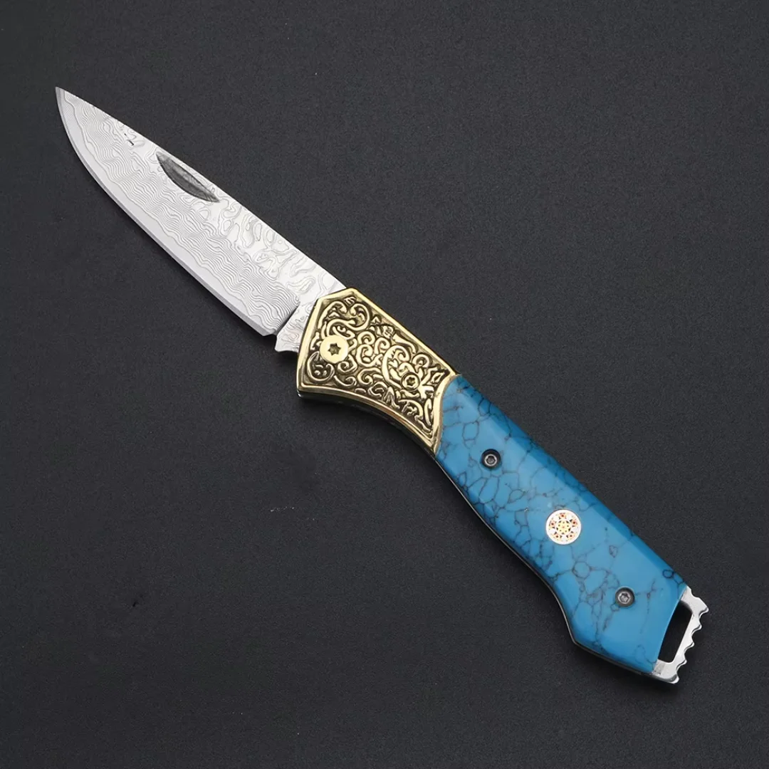 Blue Damascus Outdoor Knife Exquisite Pattern Fruit Knife Portable Folding Knife Pocket Knife