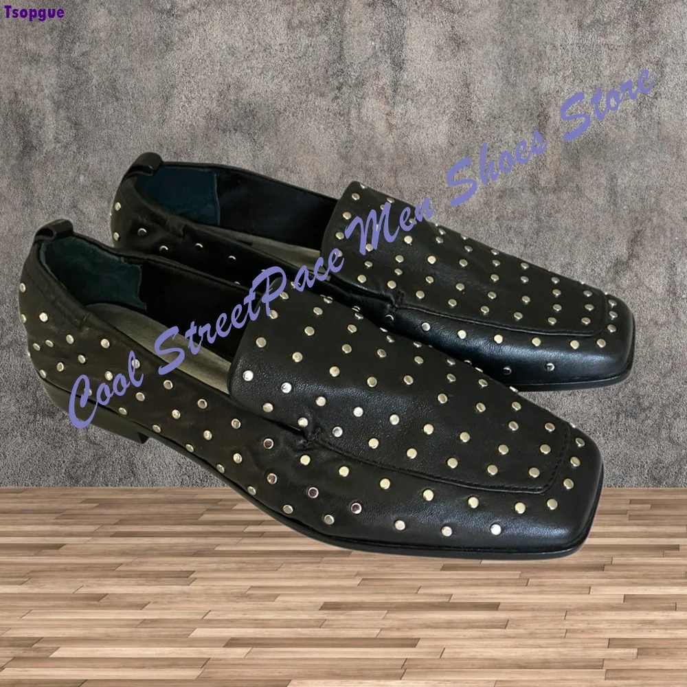 Fashion Square Toe Studded Loafers for Men Black Slip-on Shoes Full Gold Rivet Decoration Street Trendy Party Casual Men Shoes