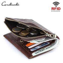 CONTACT'S Genuine Leather Men Wallet Short Bifold Vintage Men's Wallet Luxury Brand Zip Coin Purses Card Holders Money Clip