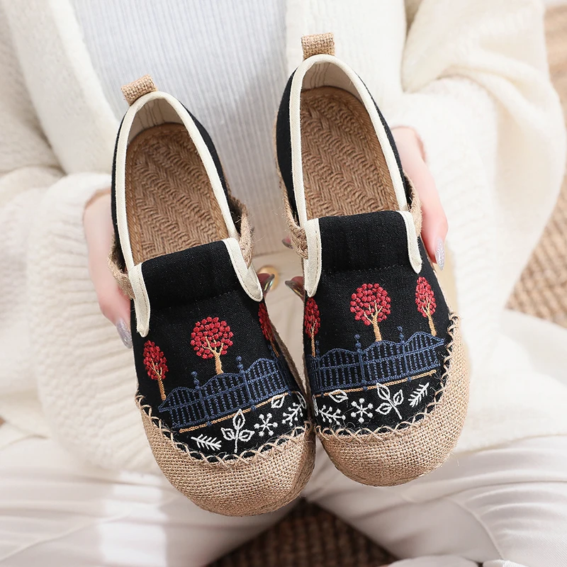 Veowalk Trees Embroidered Women Handmade Linen Cotton Slip On Espadrilles Flat Shoes Vegan Comfortable Loafers for walking