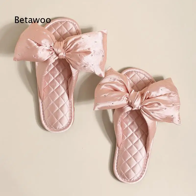Women Sweet Bowknot Romantic Slippers Bridal Flat Slide Sandals Silk Satin Comfortable Summer Indoor Shoes