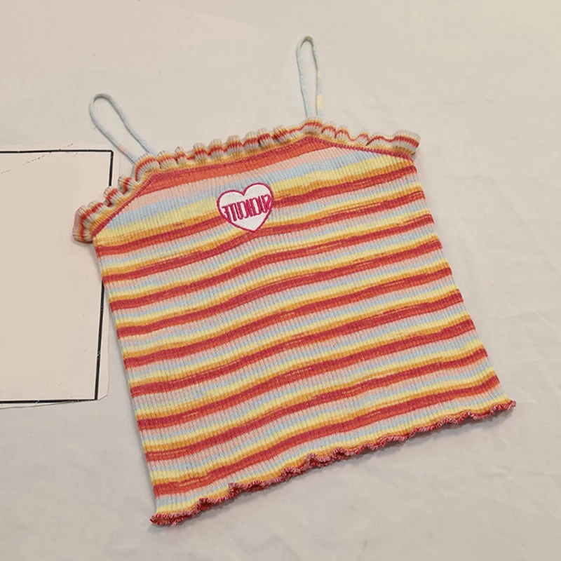 Camisola de punto ajustada sin mangas con bordado de amor a rayas Retro dulce de verano para mujer