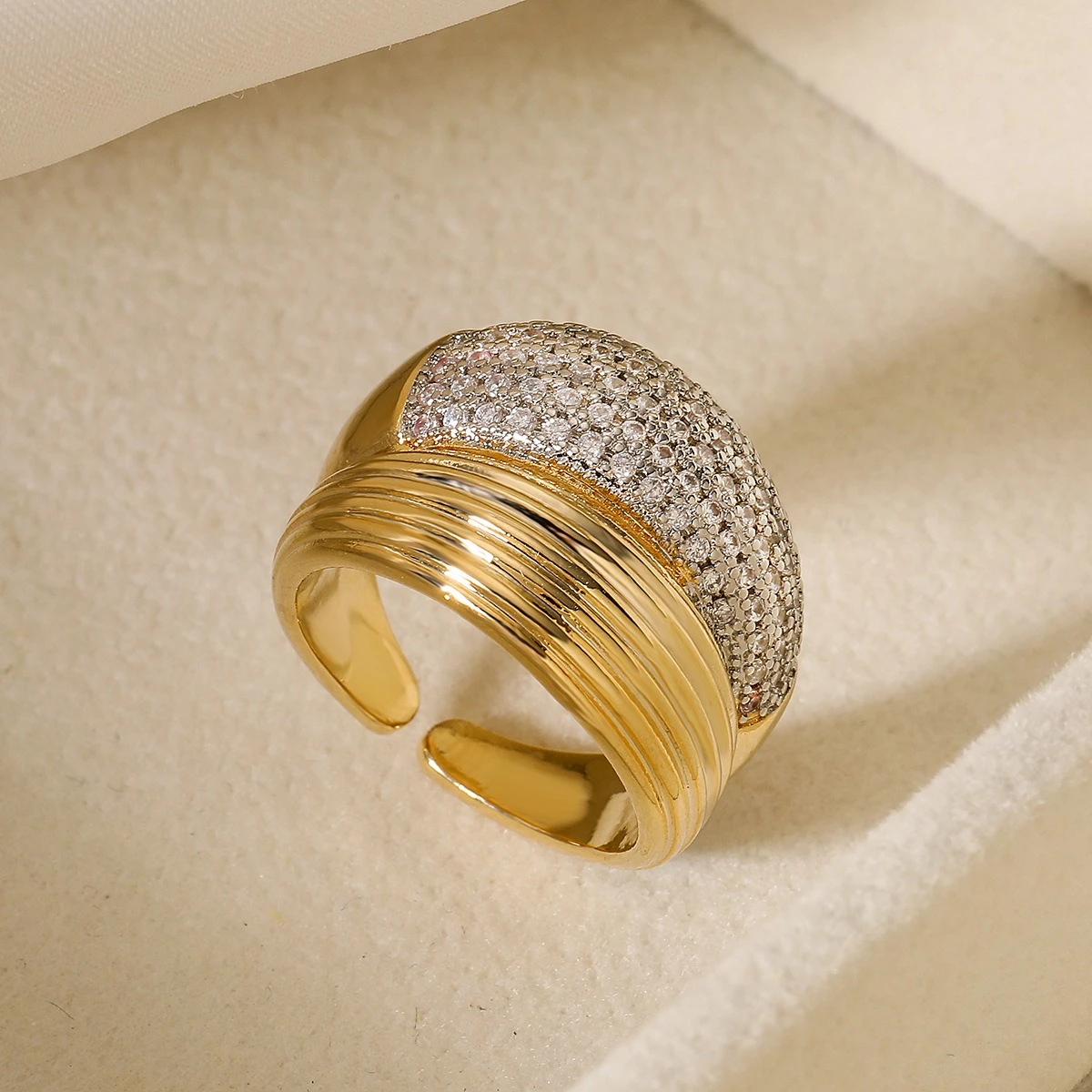 Luxury Copper 14K Gold Plated Zircon Wide Open Adjustable Ring for Women Men Couple Wedding Jewelry Gift