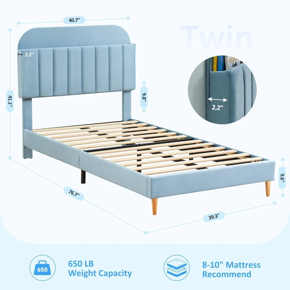 Twin Bed Frame with Bookcase Headboard, Heavy Duty Steel Support Legs, Velvet Upholstered Platform Bed Frame