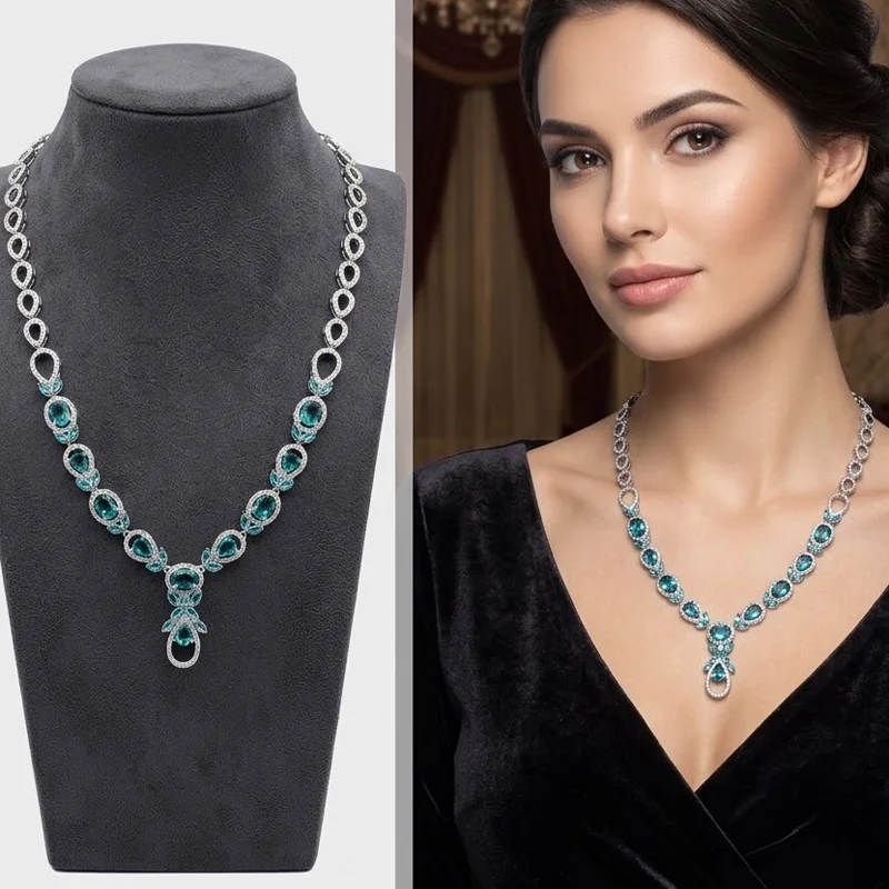 32x15mm Highly Recommend 28.5g Rich Blue Aquamarine Pink Kunzite White CZ Woman's Engagement Silver Necklace 17.0-18.0inch
