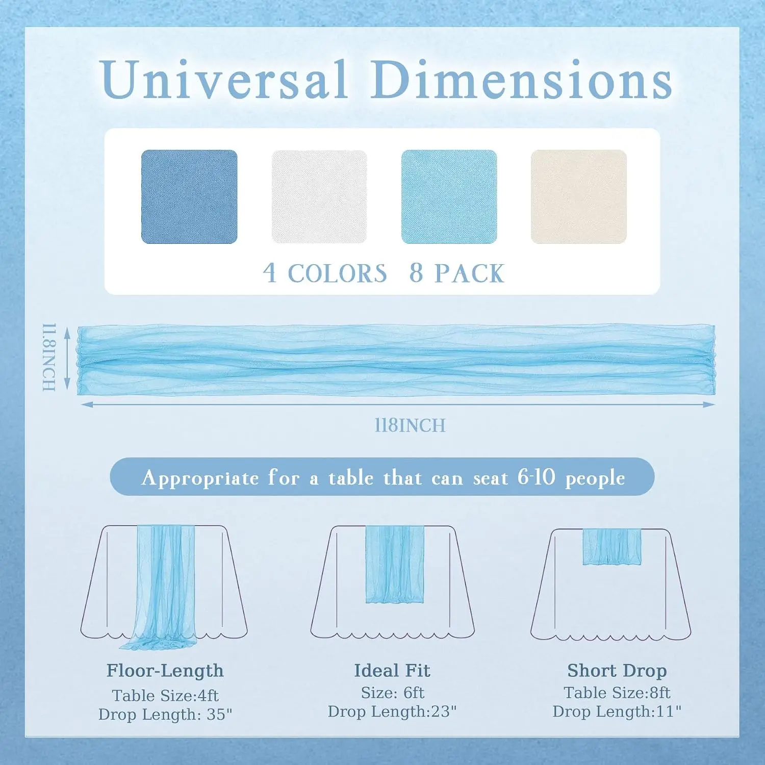 4pcs Blue White Table Runner Tablecloth for Beach Themed Party Boho Ocean Birthday Wedding Baby Shower Romantic Backdrop Decor