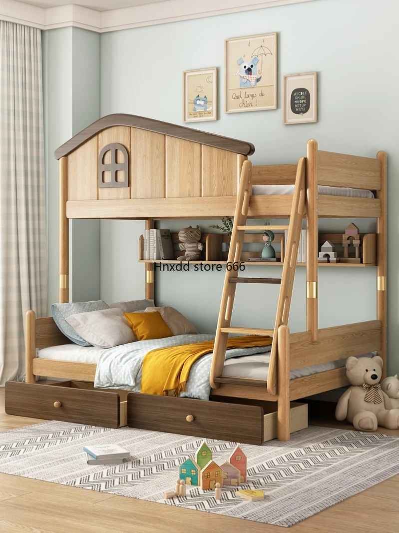 All solid wood children's high and low two-layer mother and child bed