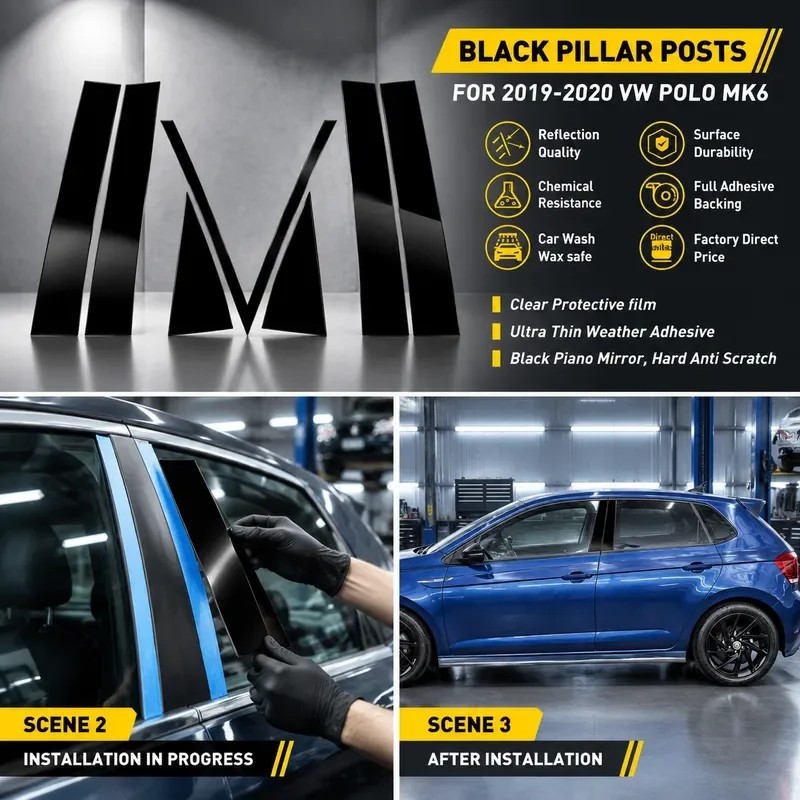 For VW Polo MK6 2019-2024 8Pcs Black B C Pillar Post Cover Trim Sticker Car Door Window Column Decoration Accessories