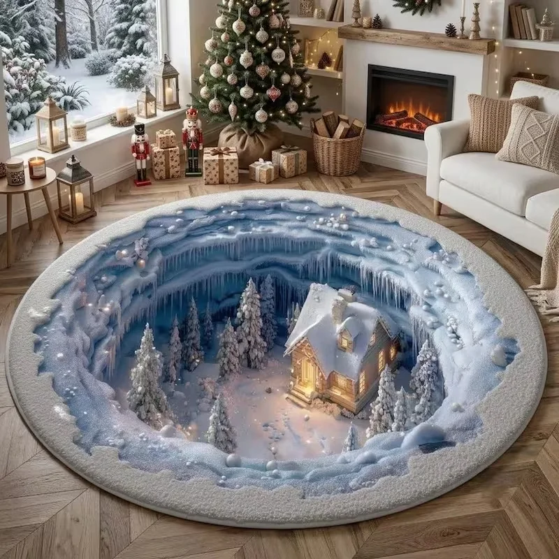 Round Christmas 3D Cave Visual Area Rug, Gnome Gift Holly Leaf Print Decorative Round Floor Mat for Home Holiday