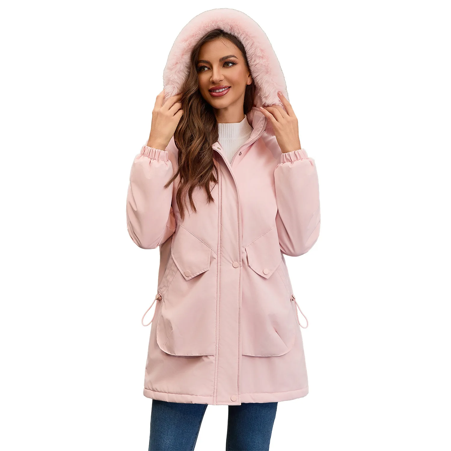 Cotton Coat Women 2025 Winter Mid-length Parka Plus Velvet Korean Style Large Fur Collar Plus Velvet Coat