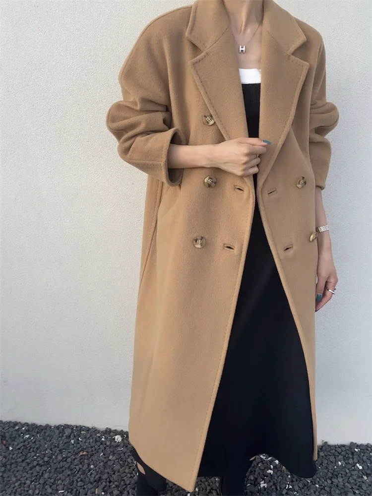 High-end Double-sided Cashmere Coat Women Mid-length New Fashion Thick Double-breasted Long Sleeve Woolen Coat Fit Autumn Winter