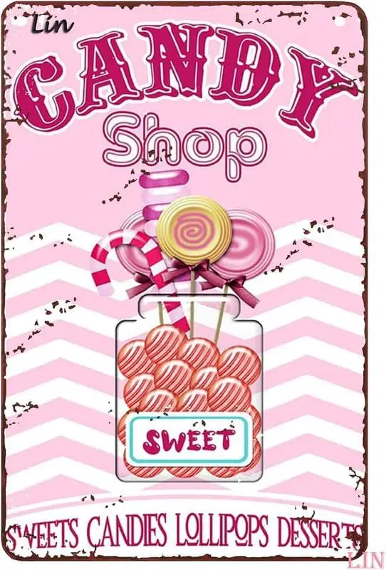 Valentines Day Decor Candy Shop Sweets Candies Loollipops Desserts Vintage Pink Heart Decoration Tin Sign Chic Art Wall Metal