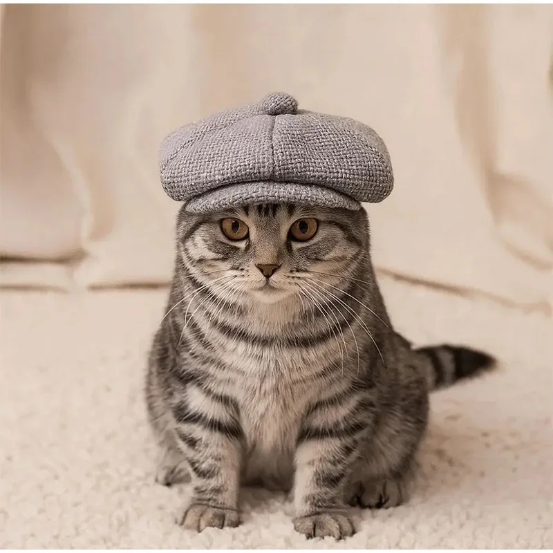S/L Retro Newsboy-Mützen für Haustiere, Baskenmütze, Haustier-Verkleidungshut, Fotoshooting-Katzenzubehör, Welpenmütze, Kopfbedeckung für Hunde und Katzen, Geschenk – Detail 9
