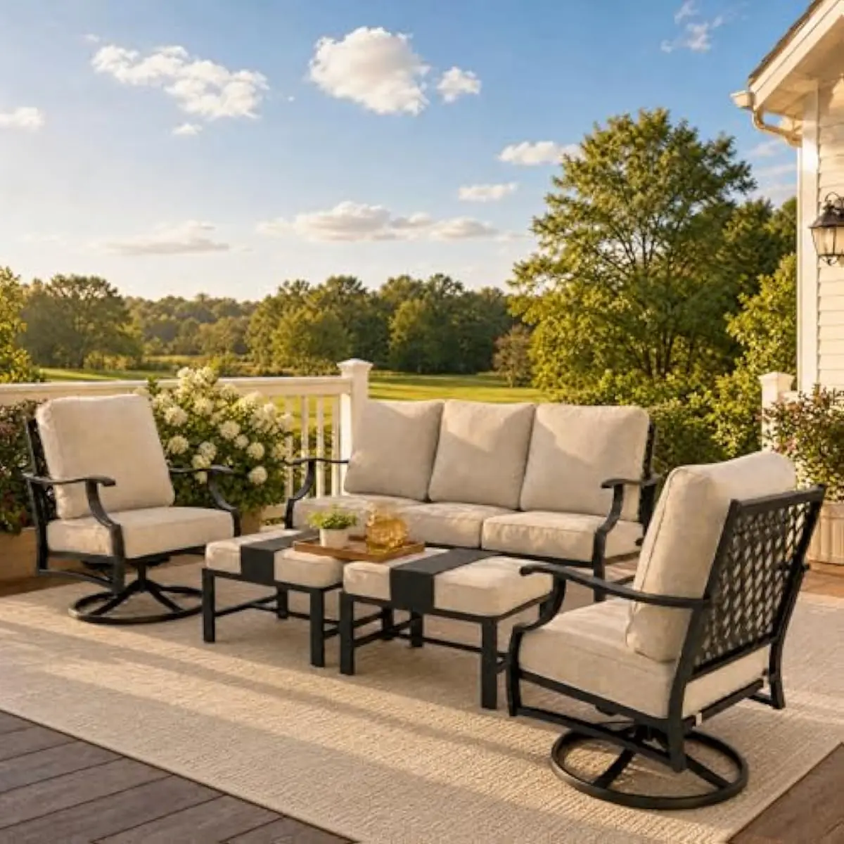 5-piece modern rectangular outdoor seating ensemble featuring swivel armchairs in beige, a spacious 3-seater sofa, and versatile