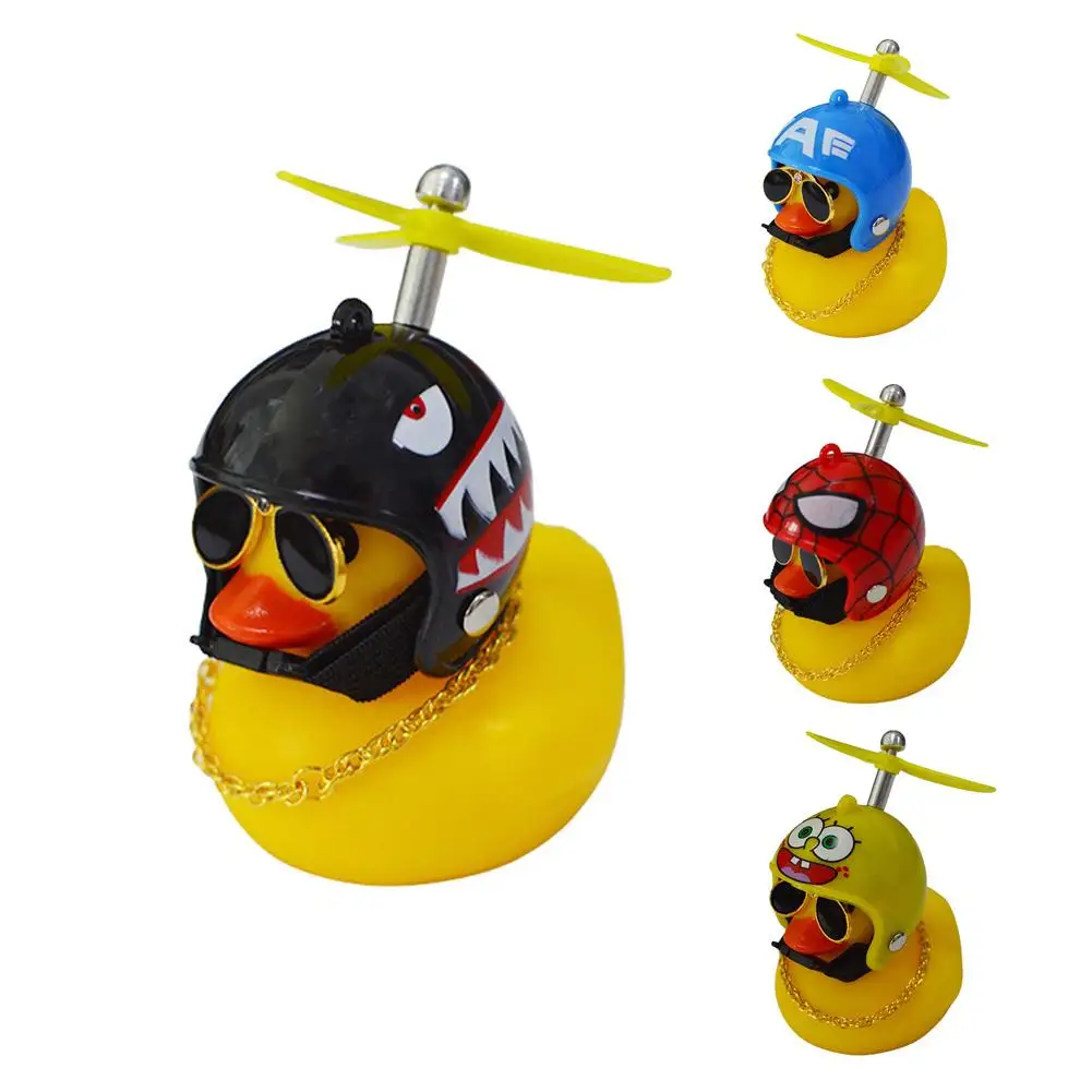 Cute Rubber Yellow Duck With Helmet Kids Bike Cute Decor Duck Bicycle Horns With Propeller Helmet Outdoor Cycling Accessories