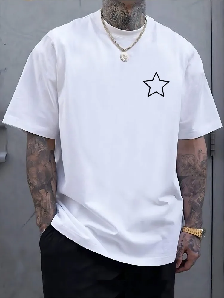 Mens Summer Crew Tee Minimalist White Star Chest Print Loose Oversized Short Sleeve Streetwear Casual Black Top For Men