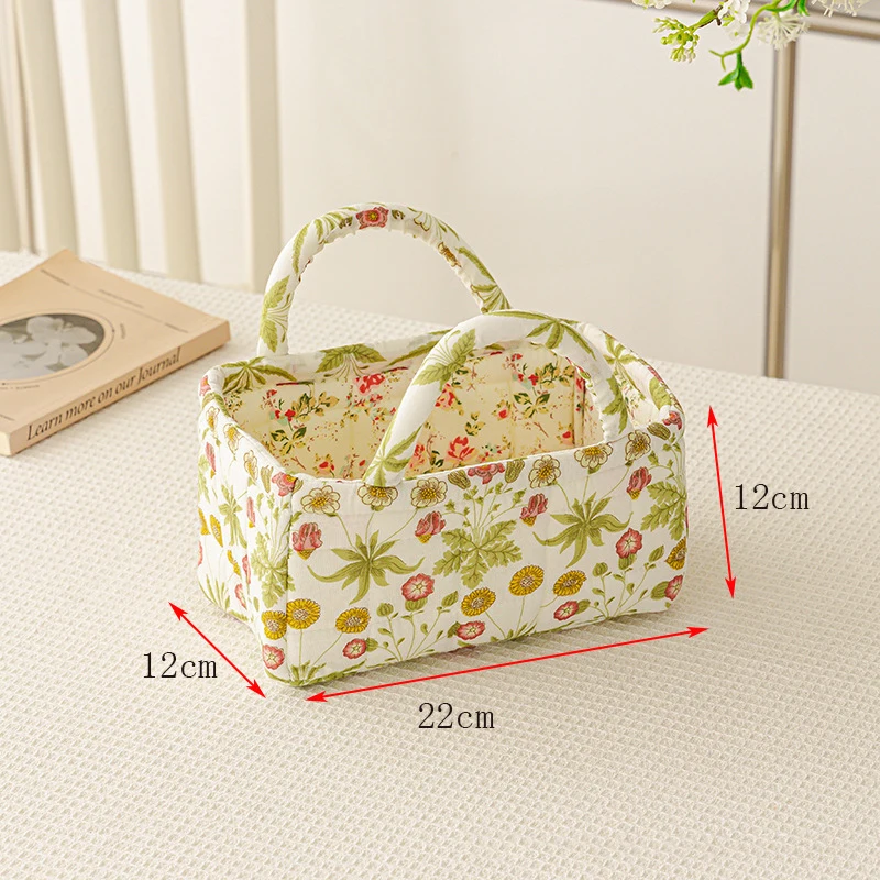 Floral Quilted Storage Basket Portable Handheld Fabric Organizer Basket Foldable Cosmetic Storage Bag for Home Bedroom