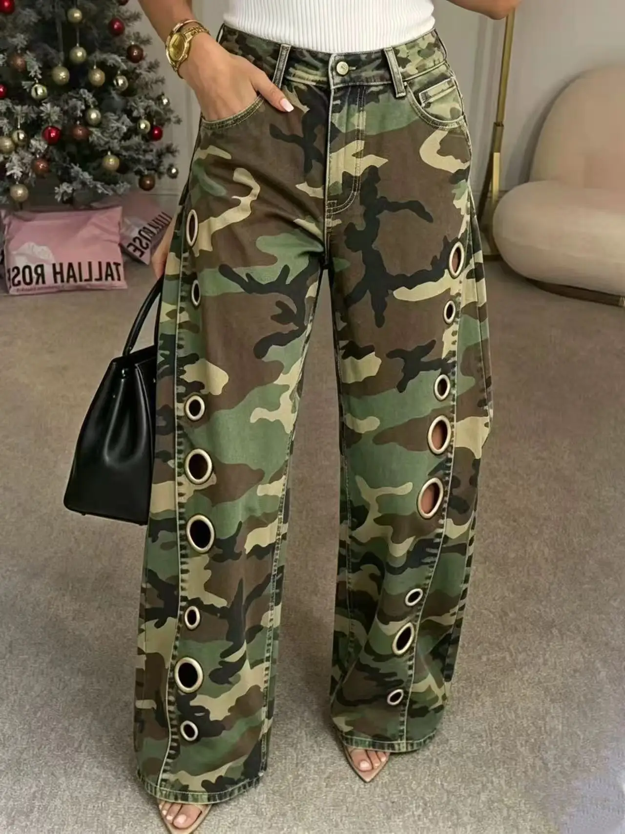 Hip Street Outfit Chic Camo Print Eyelet Wide Leg Jeans for Women High Waist Side Cutout Metal Ring Denim Pants