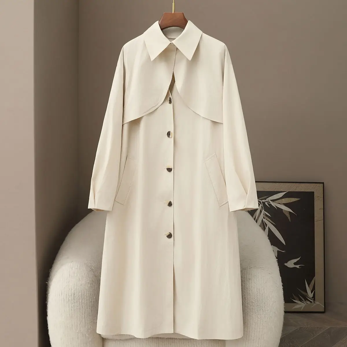 Spring Thin Women's Long 70% Cotton British Style Lace Up Slim Fit Single Row Windbreaker Jacket