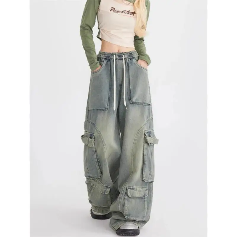 Flap Pocket Cargo Jeans Elastic High Waist Baggy Pants Women 2023 Harajuku Streetwear Techwear Hip Hop Straight Full Length