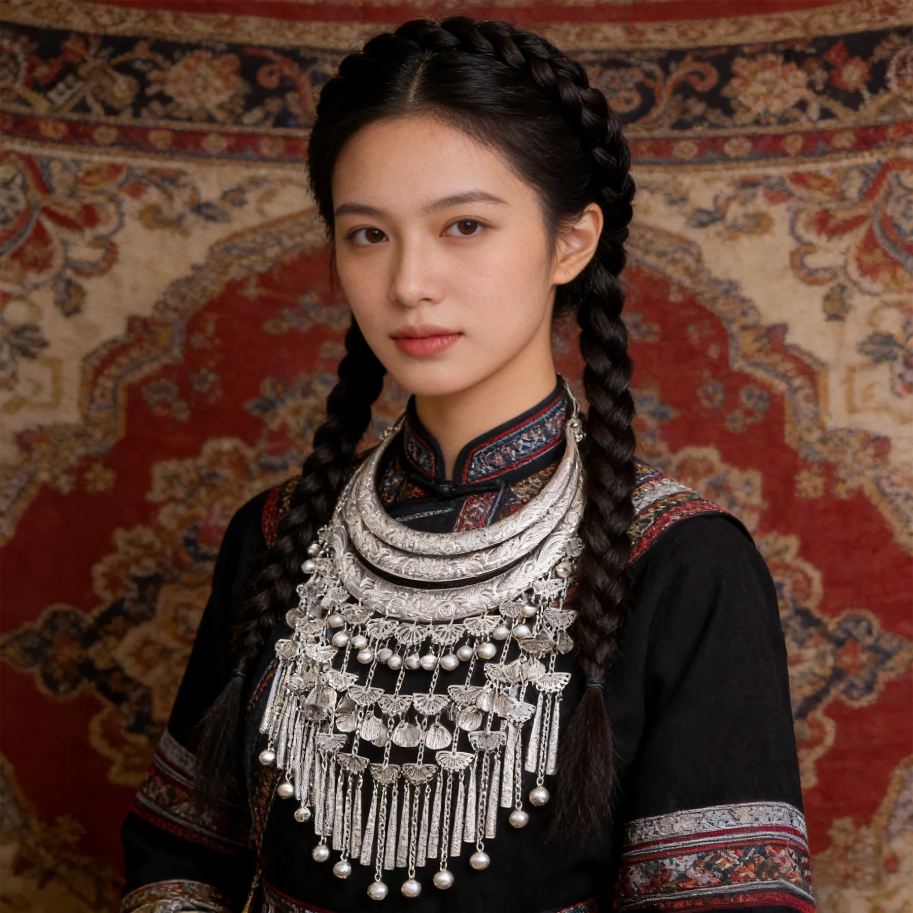 

Miao Ethnic Multi-Layered Imitation Silver Plated Geometry Pendant Necklace For Women Butterfly Horn Tassel Exaggerate Jewelry