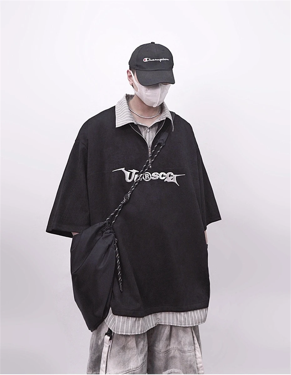 Fake Two Pieces Polo Shirts Mens Streetwear Hip Hop Punk Short Sleeve T-shirts Oversized Harajuku Vintage Loose Casual Tees Tops