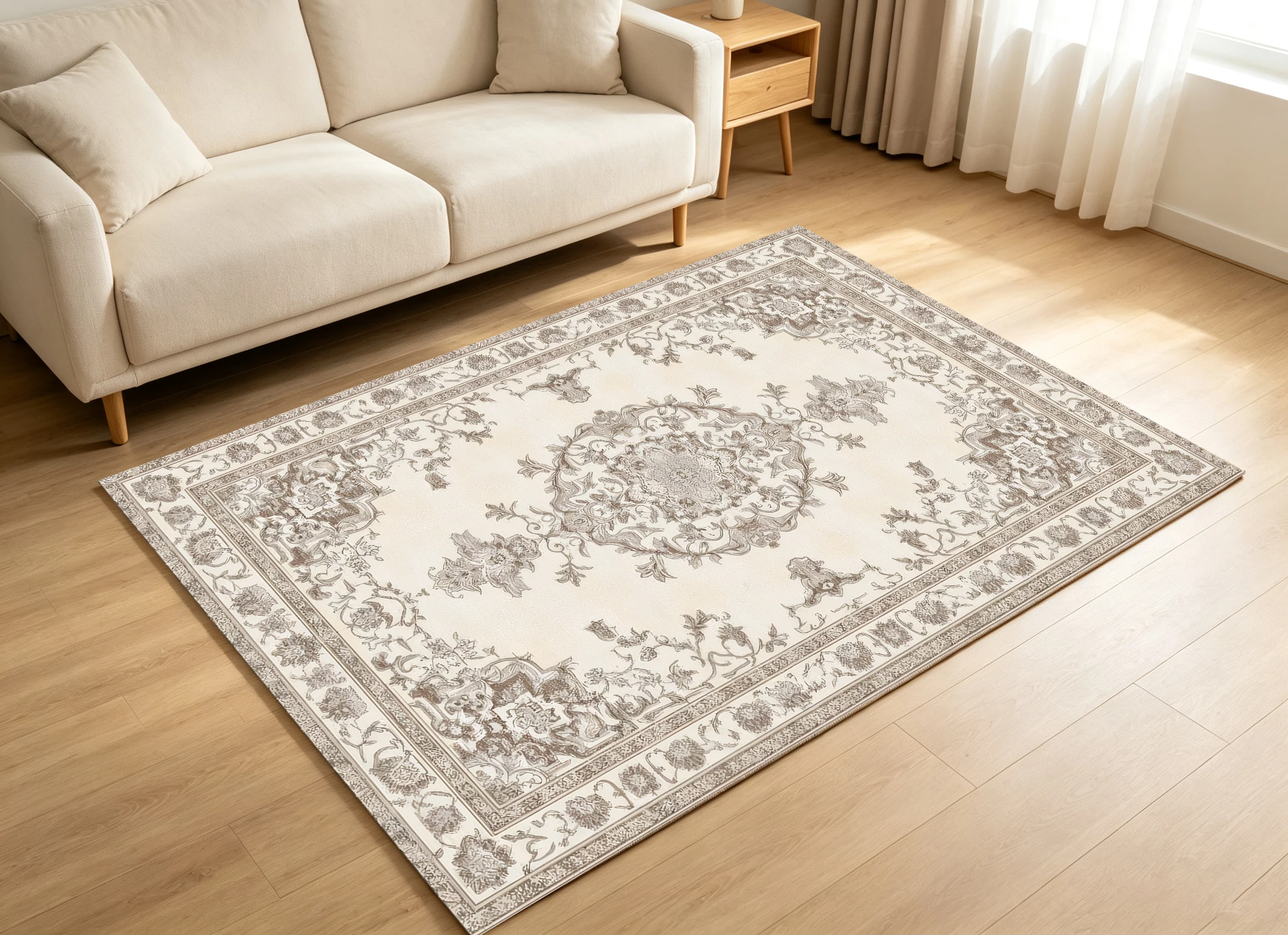 2D Beige-Gray European Retro Velvet Rug Soft and Skin-Friendly, Suitable for Living Rooms and Bedrooms, Enhances Space and