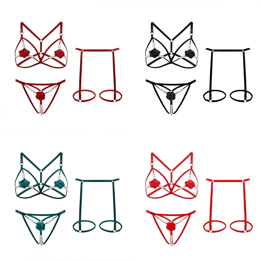 Hot Lingerie Donna Intimo esposto Indumenti da notte anali aperti Sexy Perla Reggiseno cavo Pizzo Tuta sexy Pigiama 3 pezzi Costume erotico