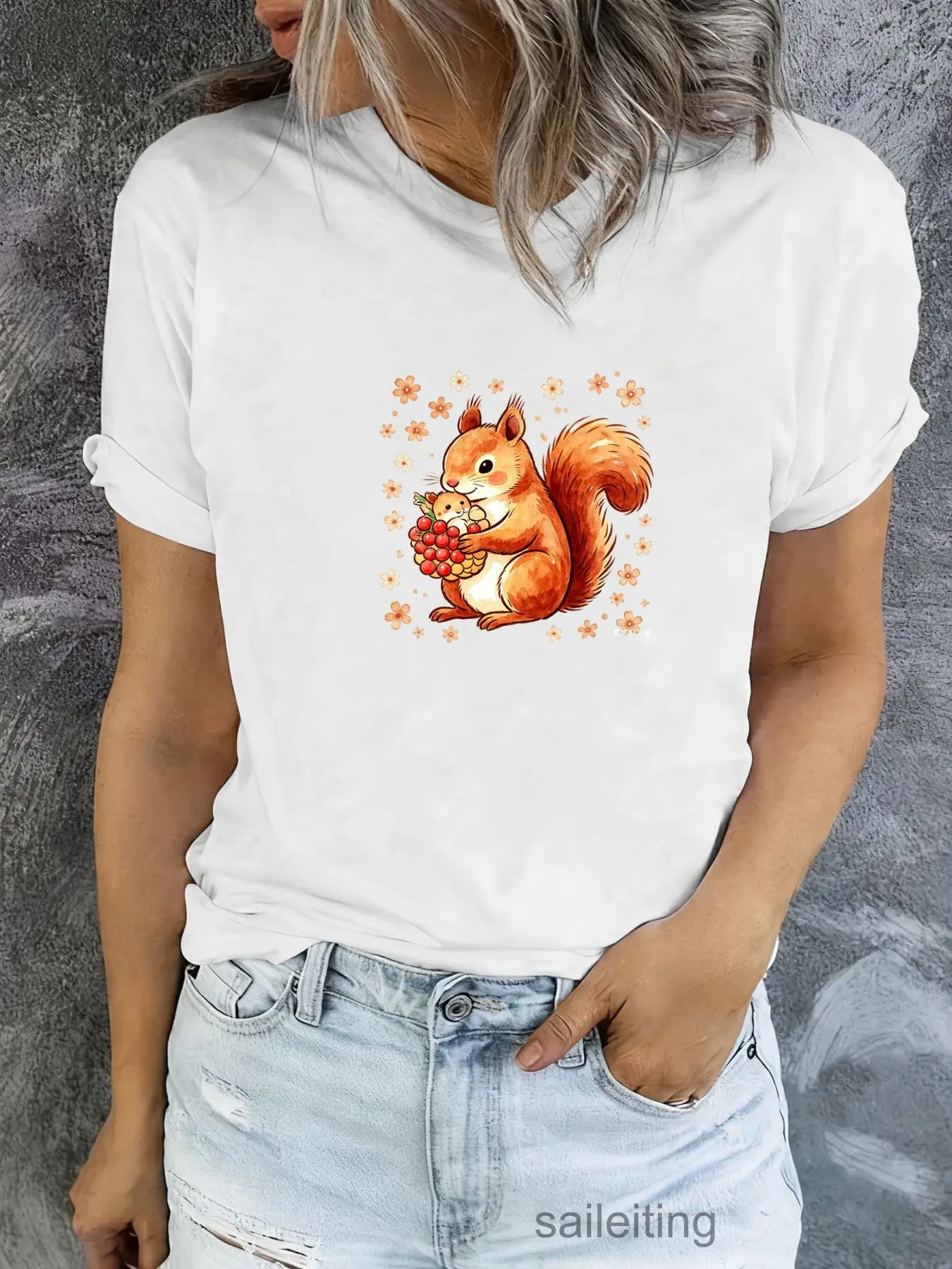 Adorable Orange Squirrel Holding Berries Watercolor Print T-Shirt Women Men Short Sleeve Summer Casual Tee Funny Cute Graphic