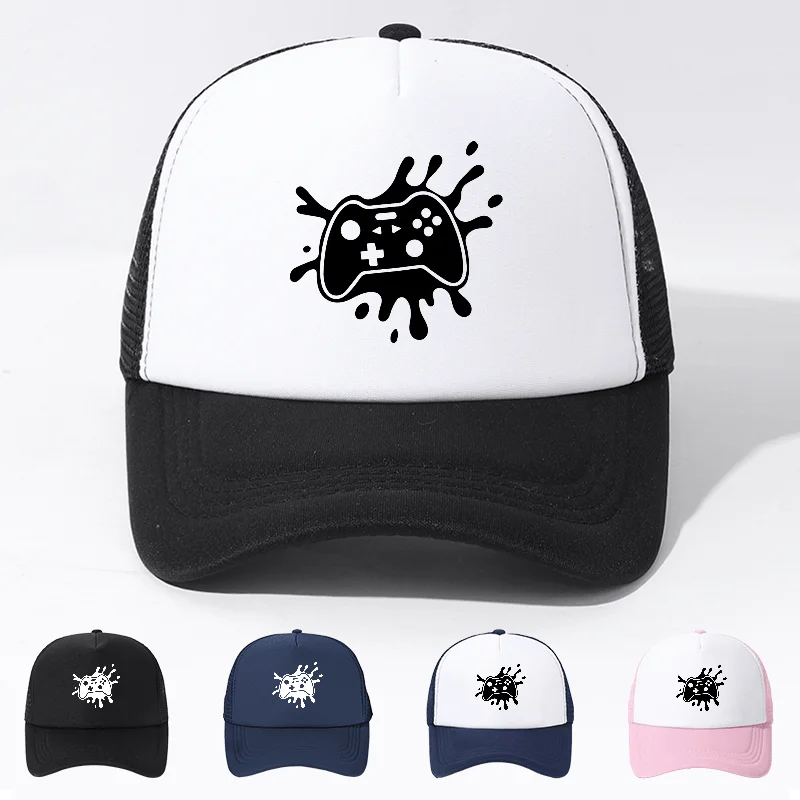 Game Controller Ink Splash Print Trucker Hat Breathable Adjustable Baseball Cap for Outdoor Sports