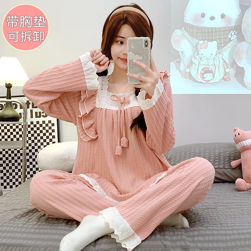 Women Princess Lace Solid Pajamas Suit Long Sleeved Two Pieces Sleepwear With Lingerie Sweet Cute Home wear Set