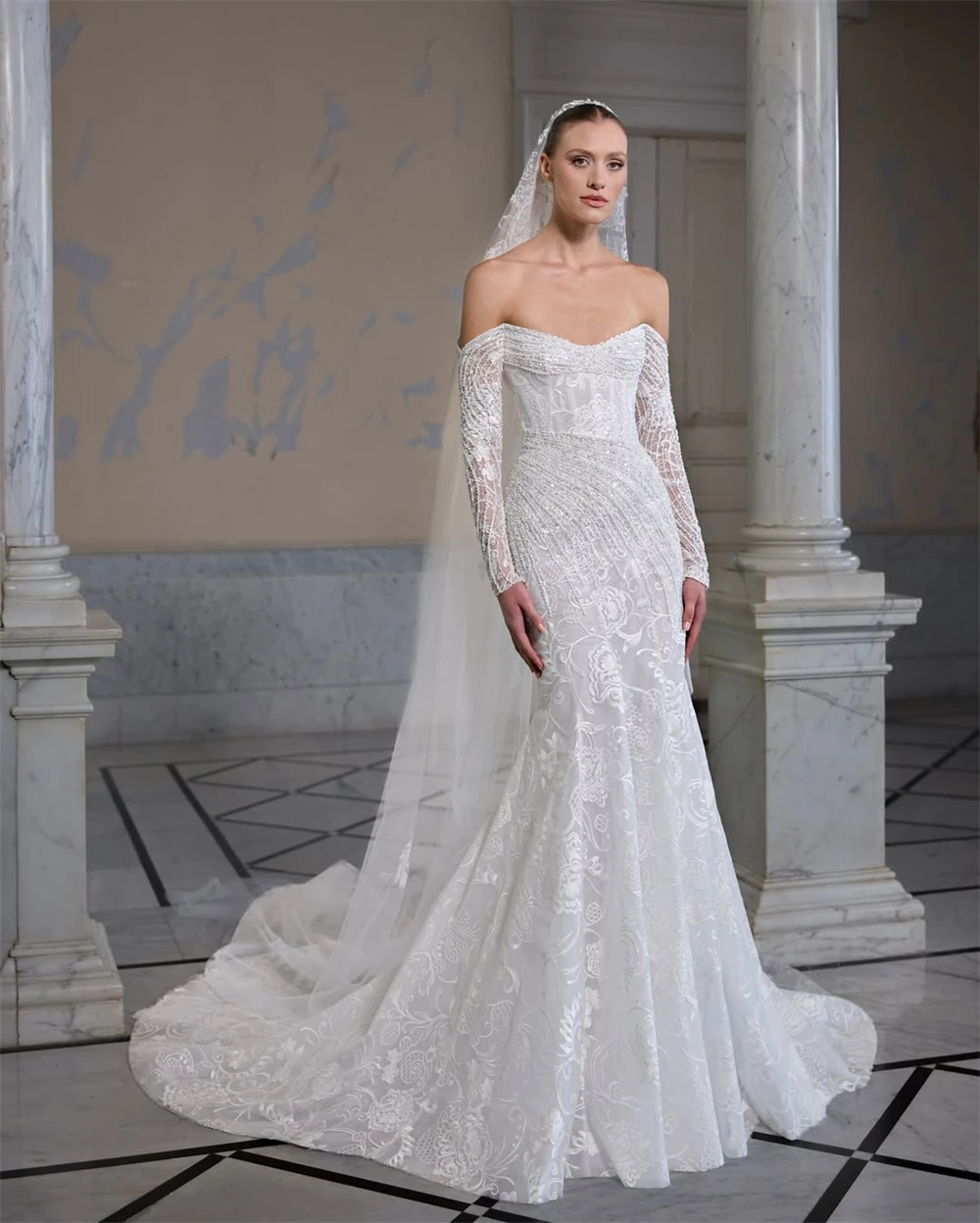 

Customized Elegant White Organza Wedding Dress Soft Boat Neck Long Sleeves Bridal Gowns Sexy Mermaid Court Train Robe de mariée