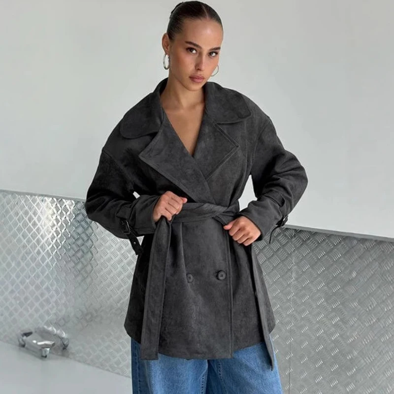 

Tornova Woman Retro Suede Jacket Coat Lapel Lace Up Waist-closing Overcoat Streetwear Autumn Fashion Female Casual Commuting