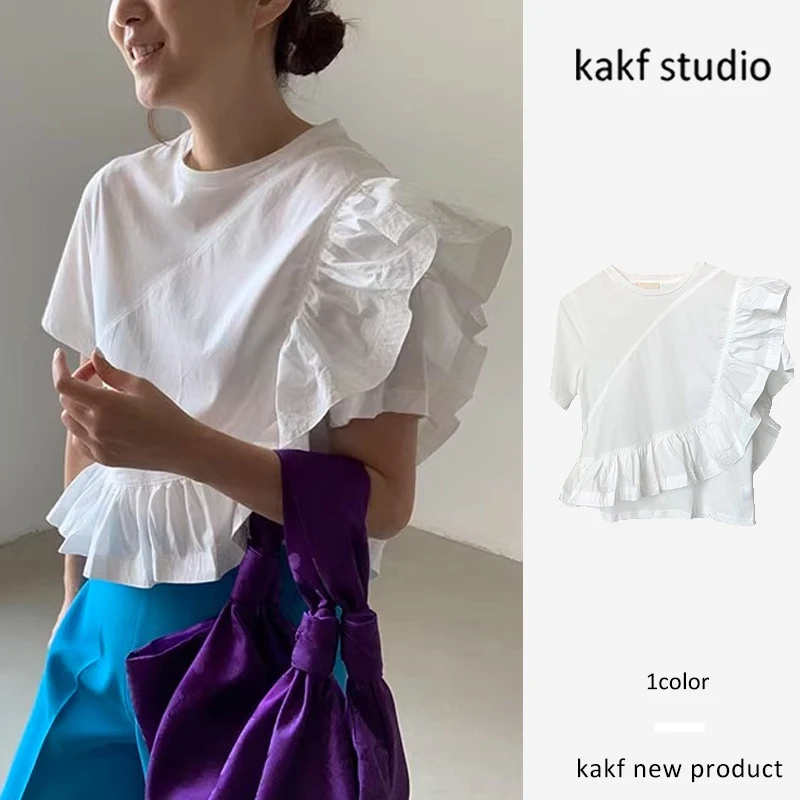 

White Chic Summer Shirt Korean Style Commute Straight Cut Short Sleeve round Neck Floral Splice Overhead Design