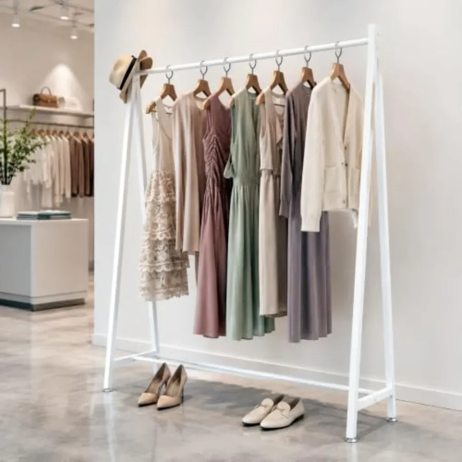 Boutique retail clothes rack: white metal free-standing garment rack with modern hanging rod for clothing store and laundry roo