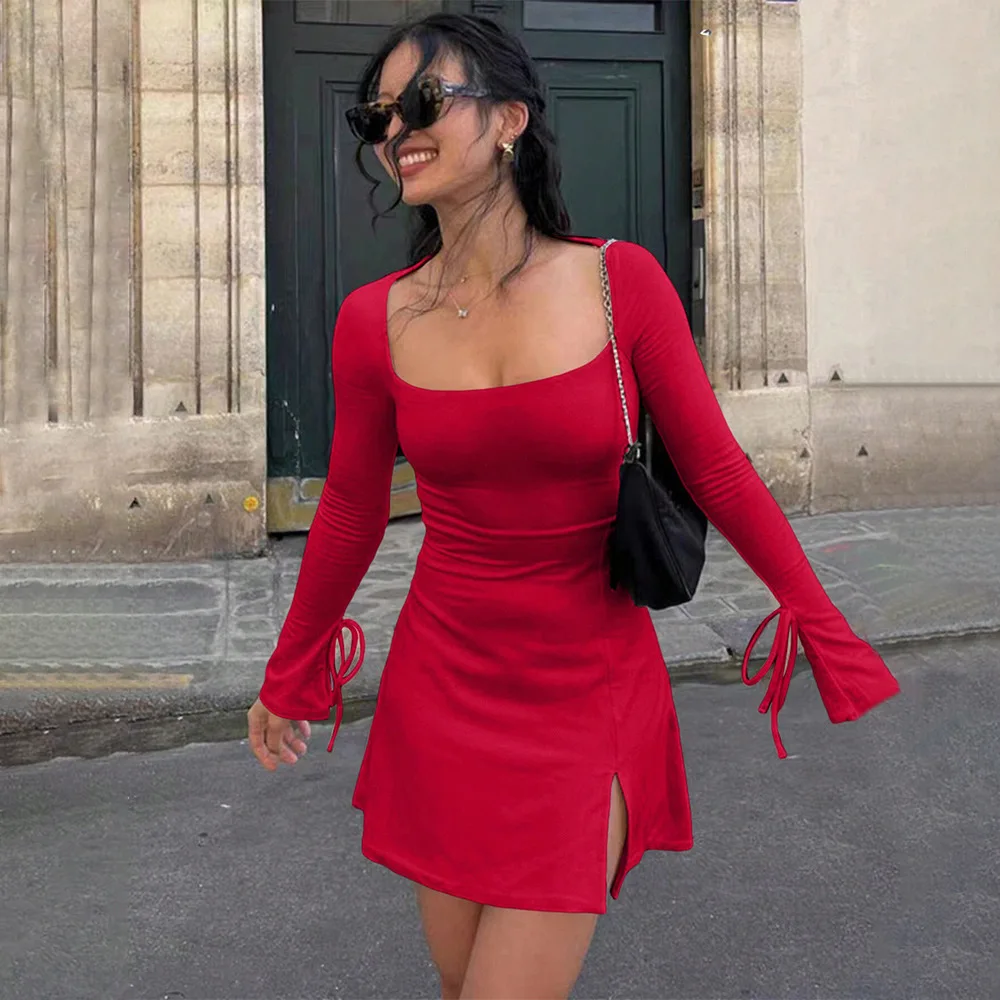 

Sexy Robe Femme Long Sleeve Slim Bodycon Mini Dress Spring Autumn Women Sexy Slit Party Short Evening Club Outfit Soild Color