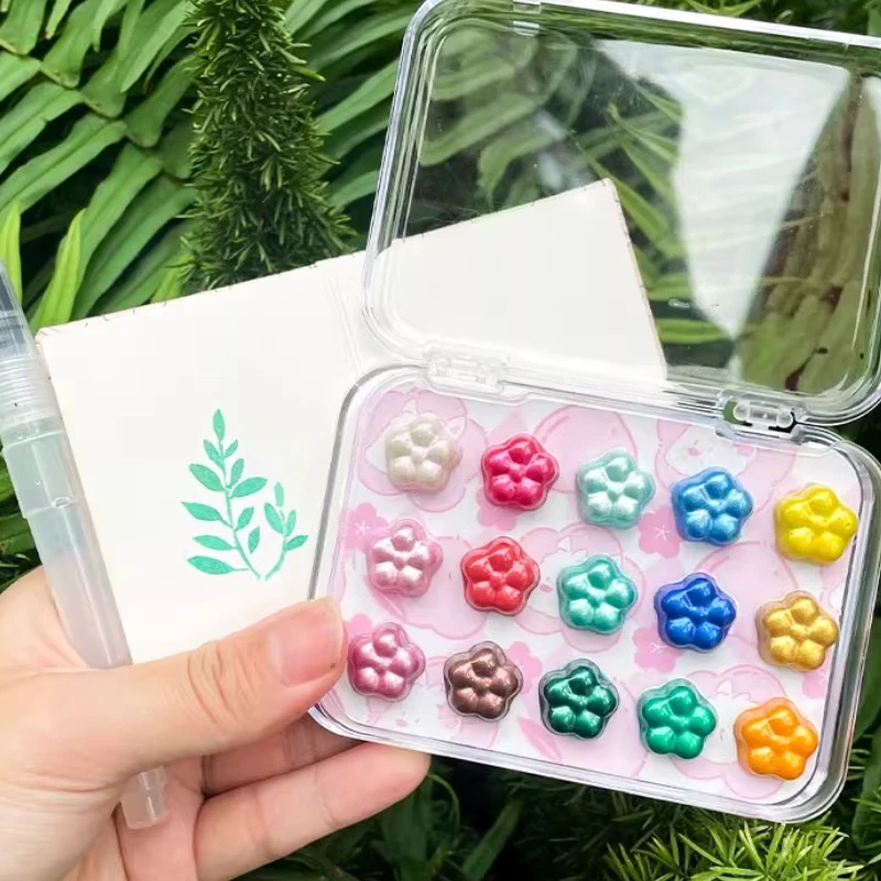 15-color Pearlescent Watercolor Paint Sketching Solid Watercolor Mini Coloring Card College Students Portable Art Supplies