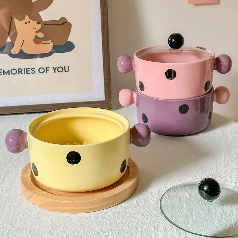 Korean Style Ceramic Instant Noodle Bowl with Lid Cute Wave Point Anti-Scald Soup Bowl Kitchen Tableware