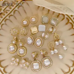 GRACE JUN Korean Style Women's Clip on Earrings No Pierced for Women Fashion Pearl Cuff Earrings Hypoallergenic Ear Clip Jewelry