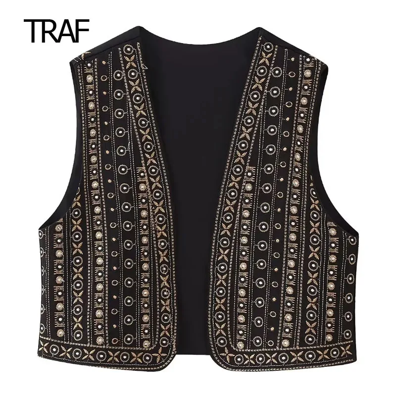 

V-Neck Vest Korea Style Top Luxury Designer Vest Women TRAF Embroidered Cropped Vest Women Vests Autumn Rhinestones Sleeveless