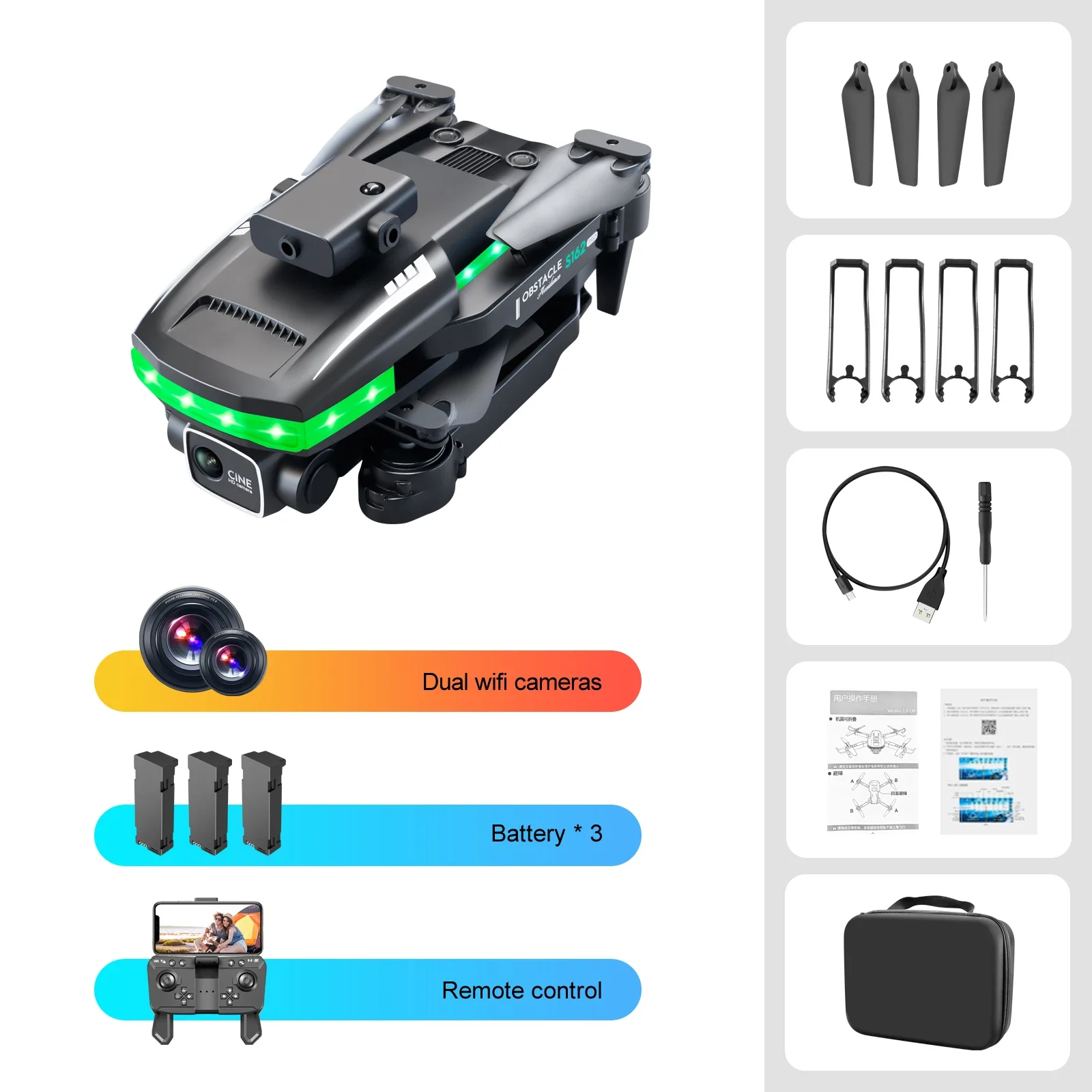 S162 Drone 4K Dual Camera 2.4G WIFI FPV Colorful Lighting 360° Obstacle Avoidance Folding Quadcopter Remote Control Aircraft Toy