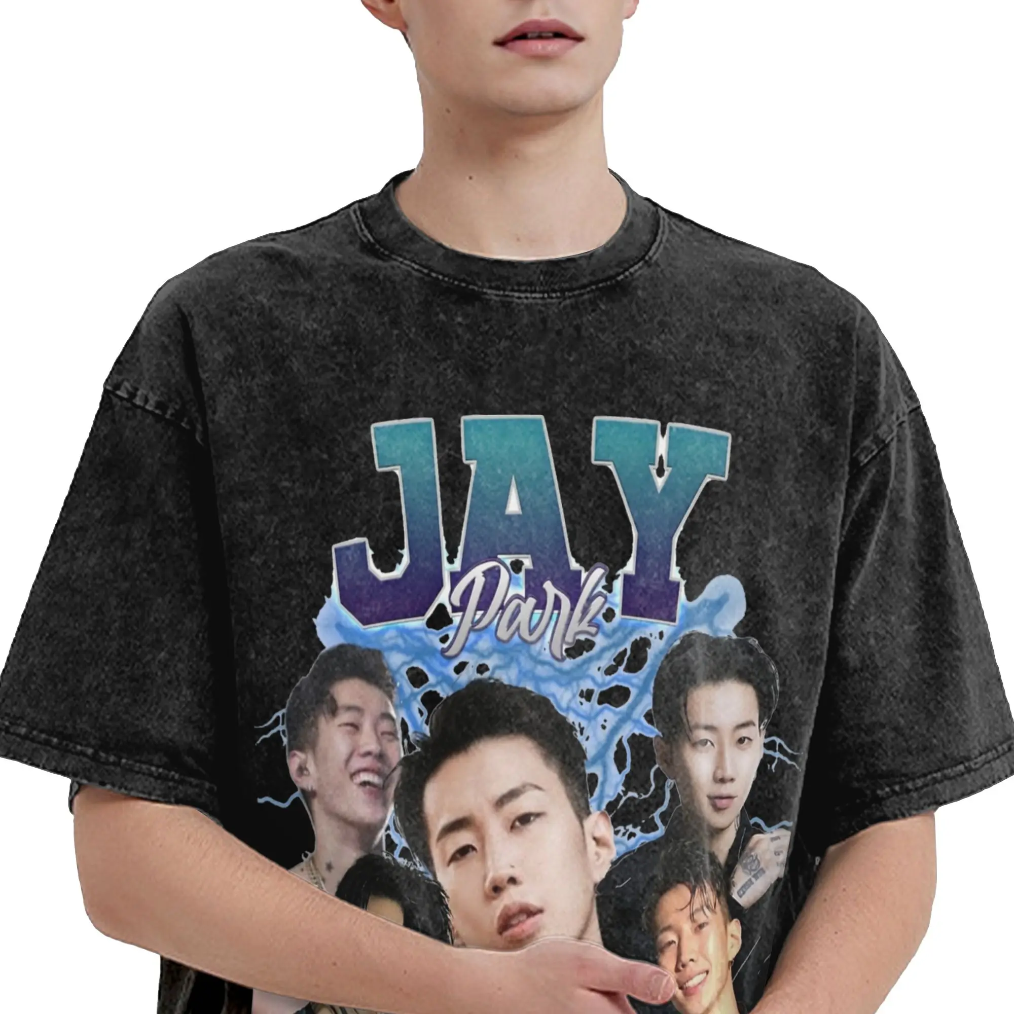 Printed Jay Park Retro Style Vintage Washed T Shirt Unisex Cotton Short Sleeve  Crewneck Summer Clothes