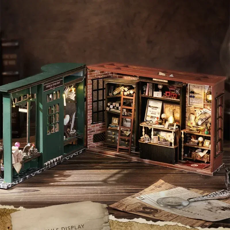 European Retro Style DIY Wooden Magic House Mini Doll House Furniture Dark Green Handmade Birthday Gift Toy Assembly Model