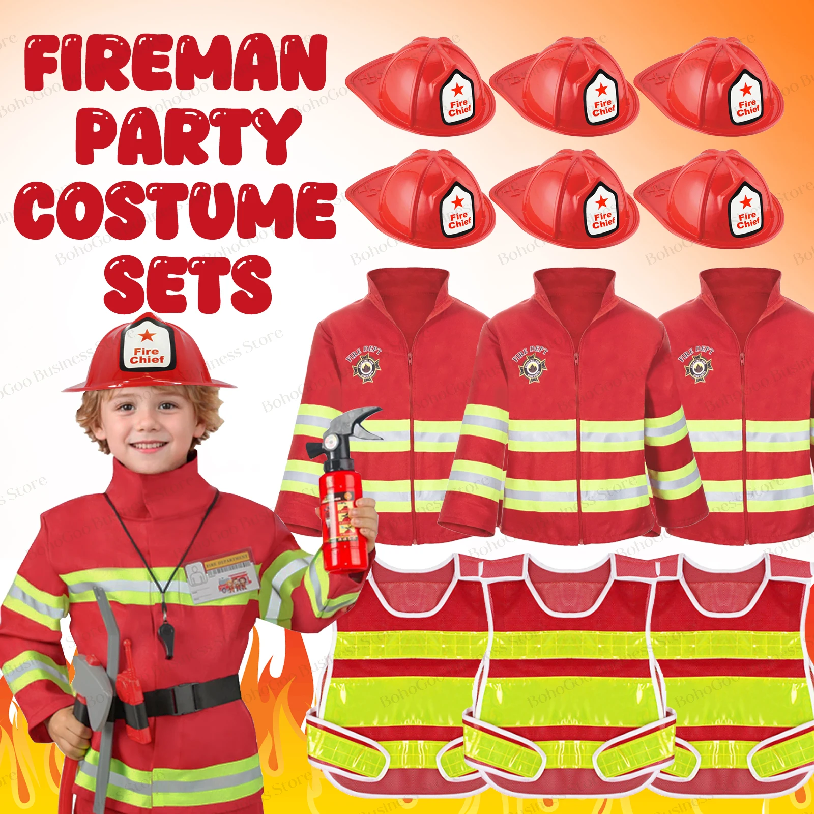 6/8/10Sets Fireman Costume for Kids Fireman Theme Birthday Party Supplies Firefighter Hats and Vests for School Activities