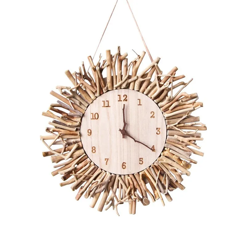 

Handmade solid wood round living room wall clock, solid wood creative simple clock, no punching
