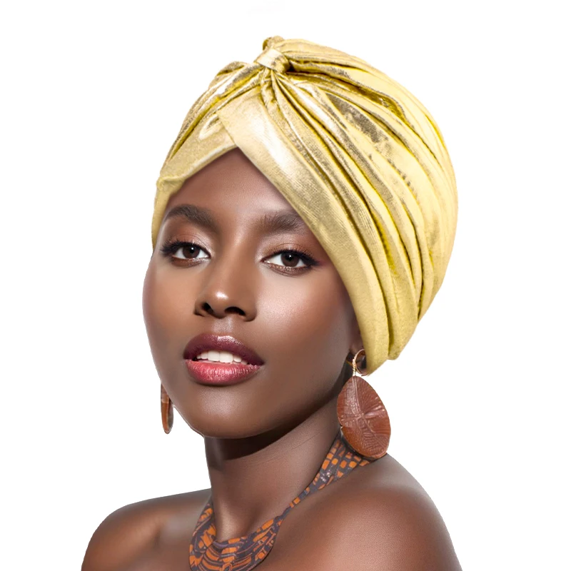 New Unisex Vintage Metallic Turban Headband Cross Twist Arab India Pleated Head Wrap Ramadan Beanies Hats Muslim Chemo Cap