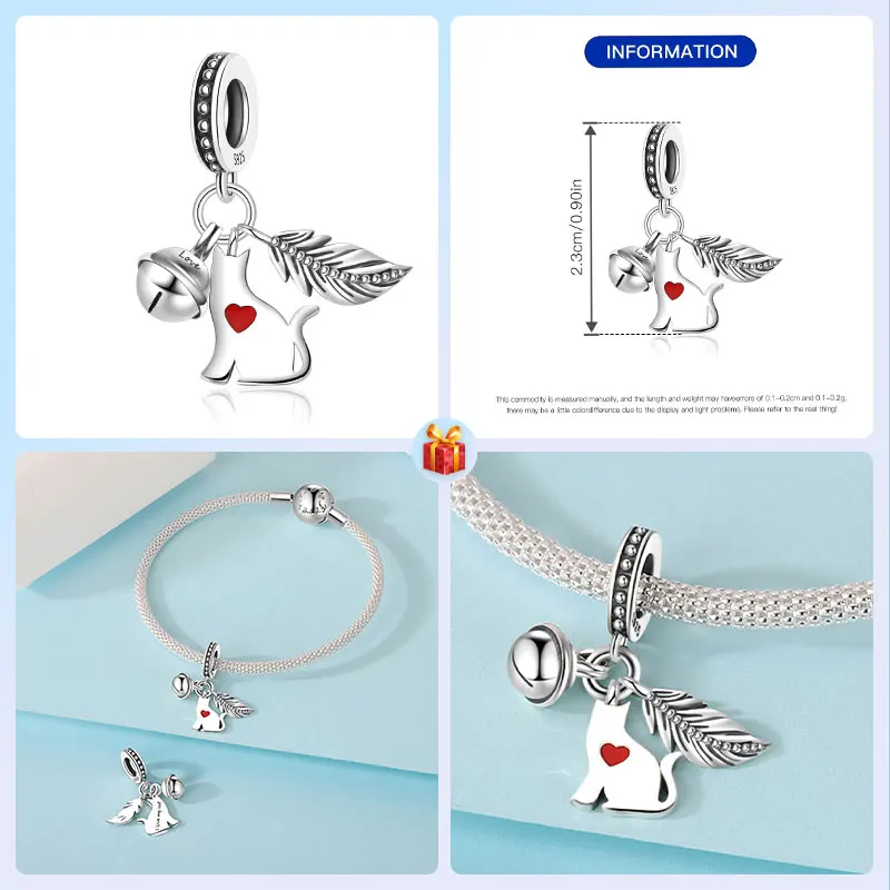 Animals Pets Beads 925 Sterling Silver I Love My Cat, Feather Bell, Cat Teaser 3 Pcs Set Charms Bracelets Jewelry Gift